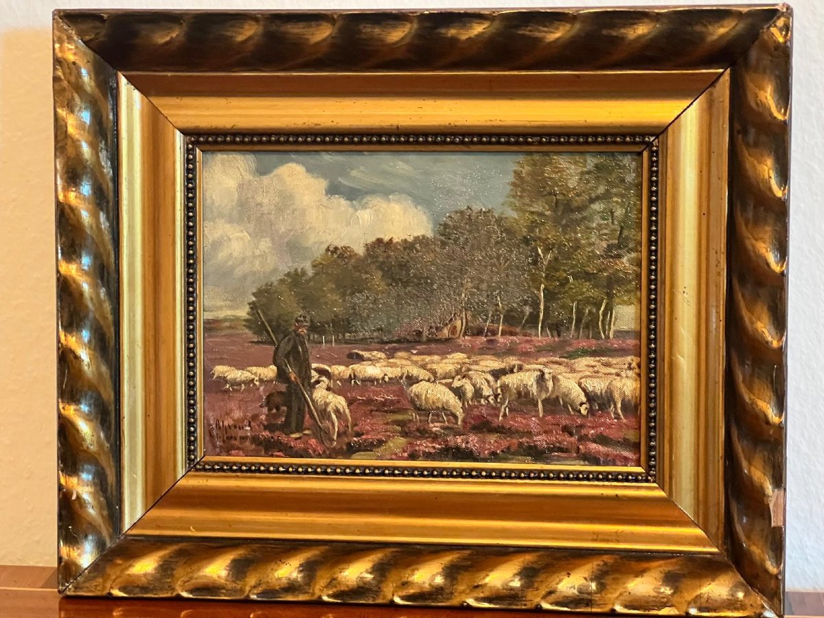 Painting: "the Shepherd And His Sheep"  Signed: Illegible  Oil On Canvas -photo-2