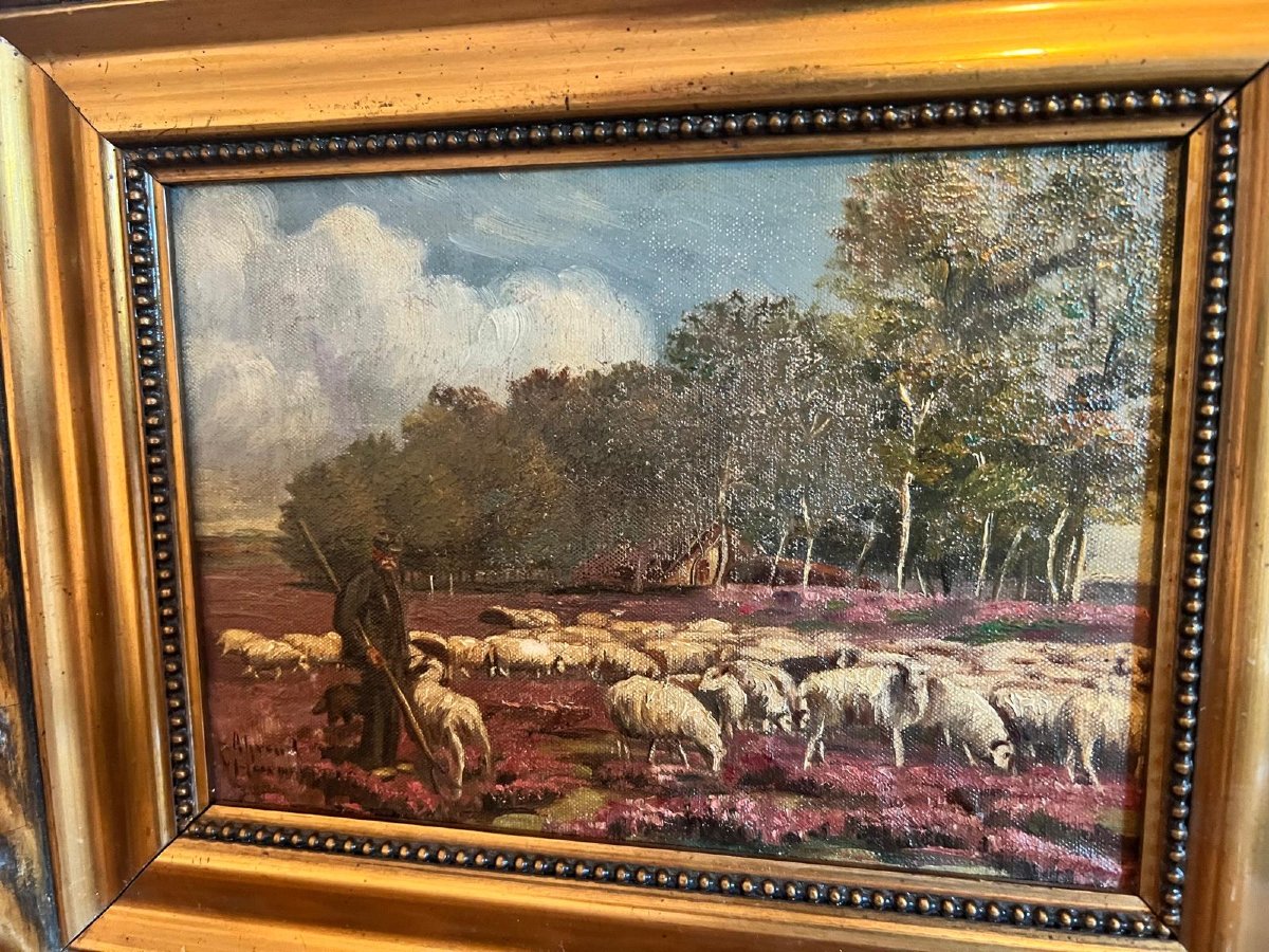 Painting: "the Shepherd And His Sheep"  Signed: Illegible  Oil On Canvas 