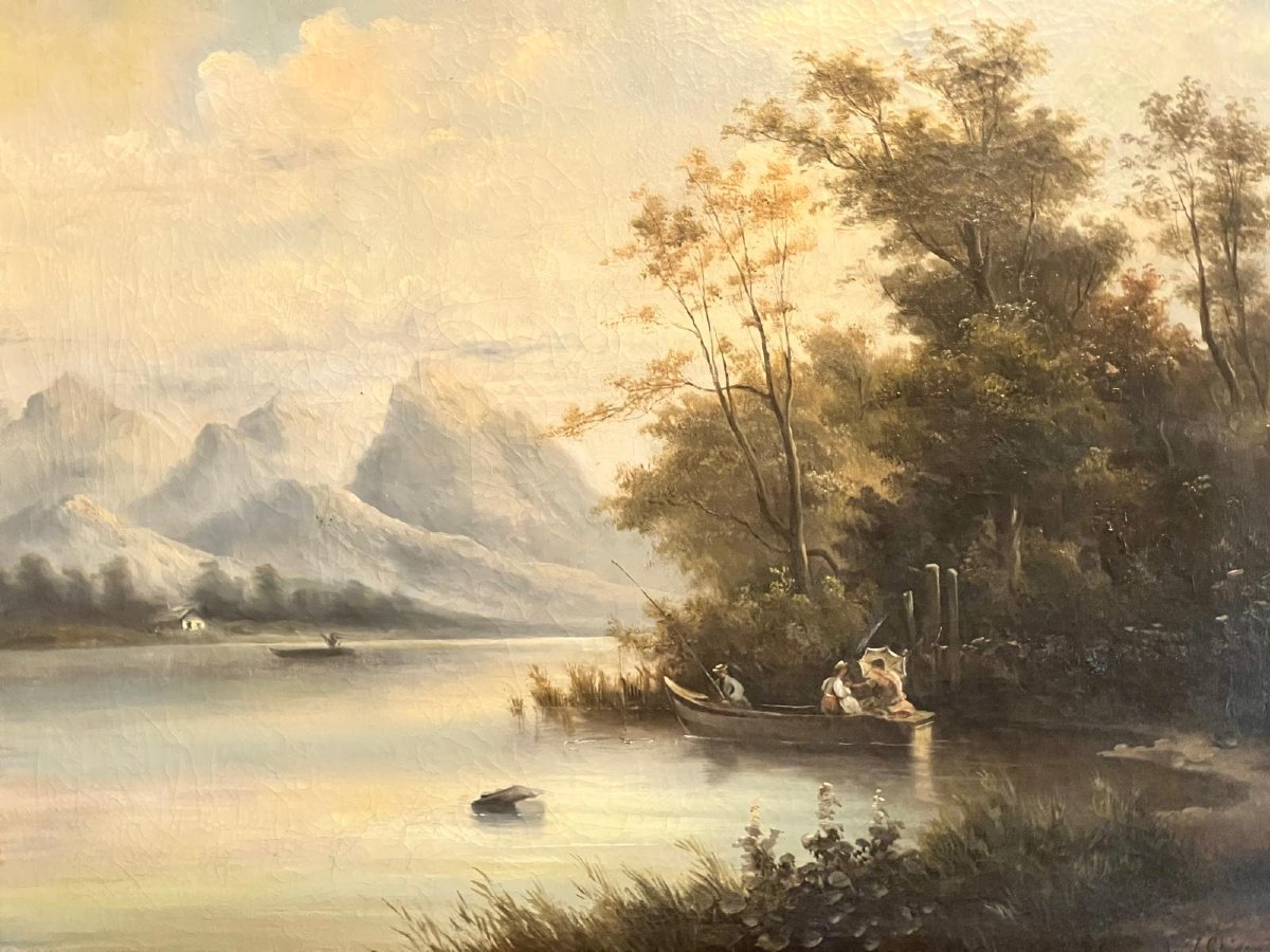 19th-century Romantic Landscape Painting, Signed (illegible), Oil On Canvas—see Photos. -photo-2