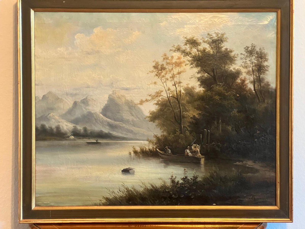 19th-century Romantic Landscape Painting, Signed (illegible), Oil On Canvas—see Photos. 
