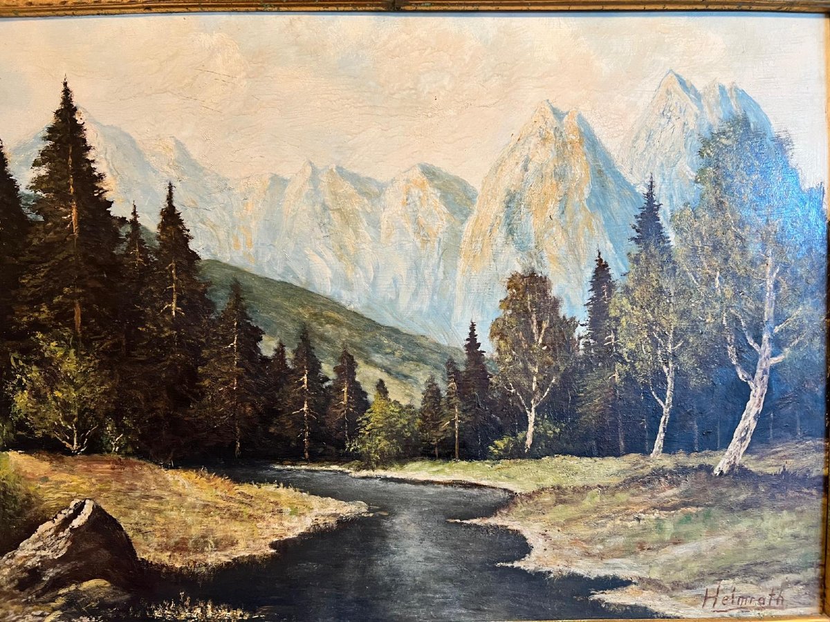 Alpine Mountain Landscape Painting With A River, Signed By Heimrath, Oil On Panel. -photo-2