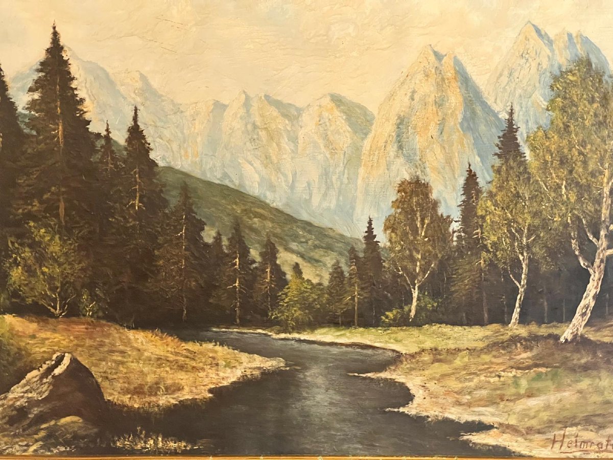 Alpine Mountain Landscape Painting With A River, Signed By Heimrath, Oil On Panel. -photo-4