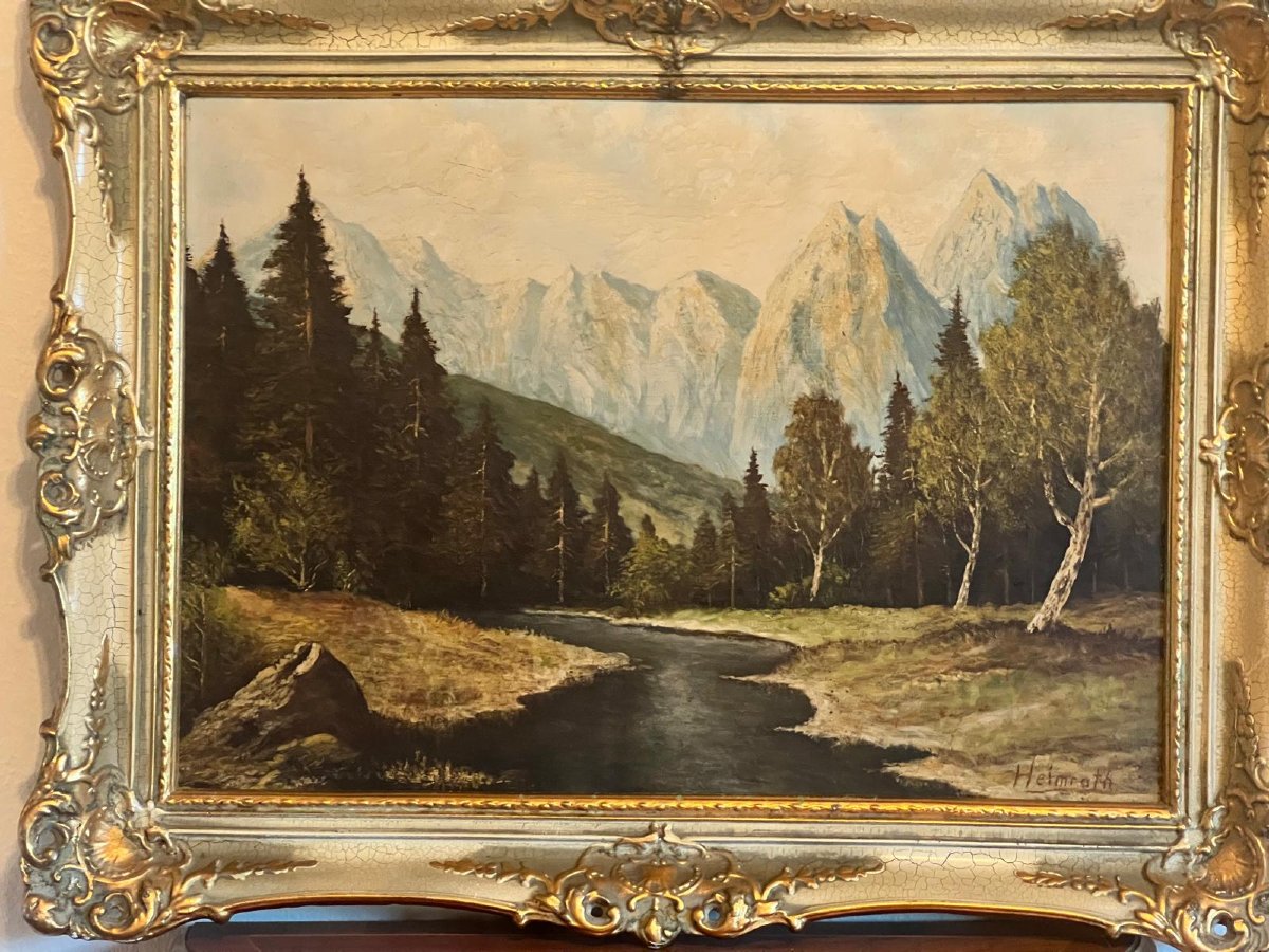 Alpine Mountain Landscape Painting With A River, Signed By Heimrath, Oil On Panel. 