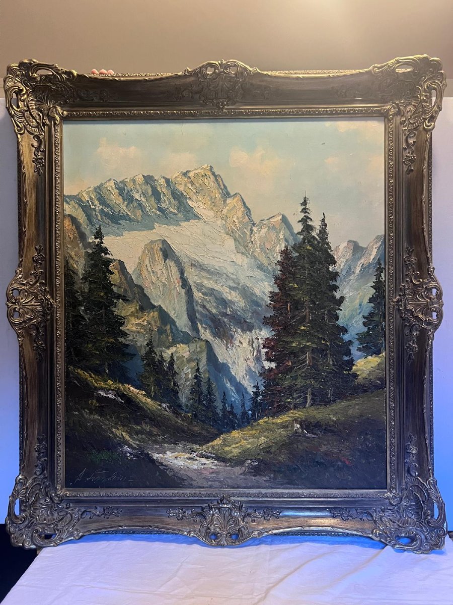 Tableau  Paysage Alpin Montagnes et Sapins Signé Illisible très beau Cadre Huile sur toile. -photo-4
