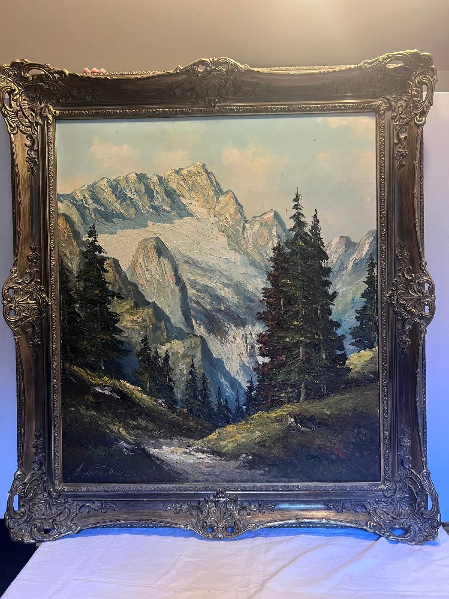 Tableau  Paysage Alpin Montagnes et Sapins Signé Illisible très beau Cadre Huile sur toile. 