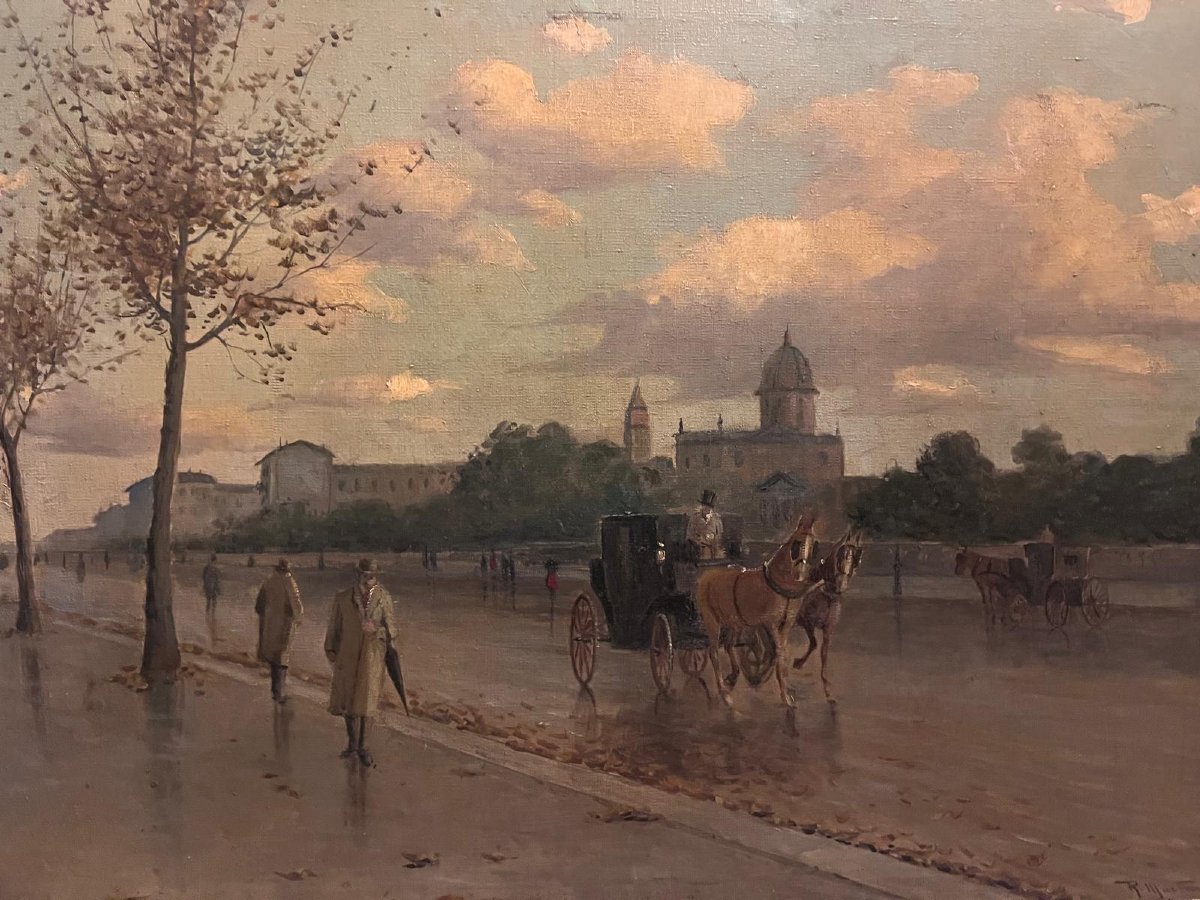 Tableau Signé R. Martini Scène d'une Avenue urbaine avec des Carosses animmé par des passants. -photo-3