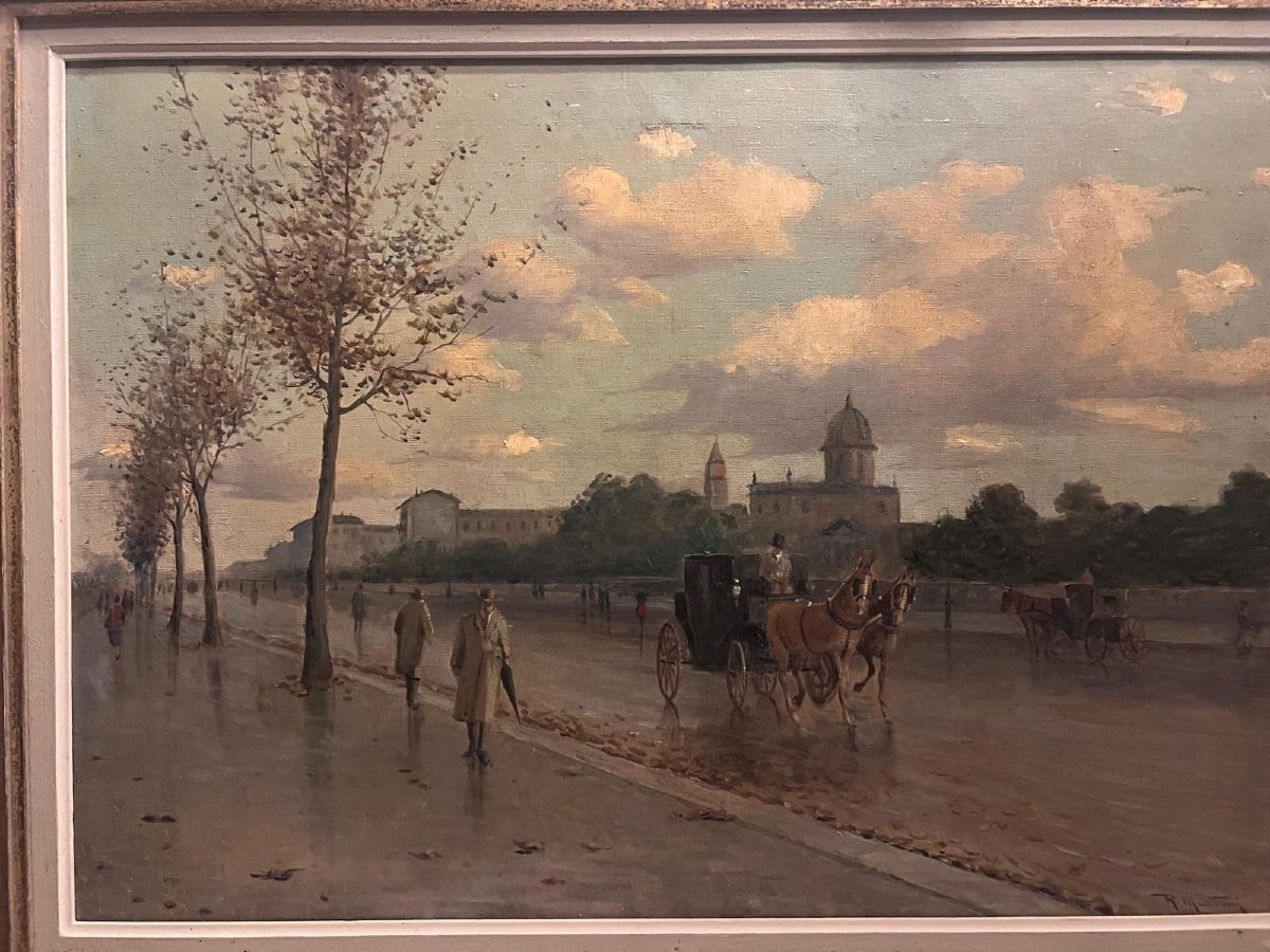 Tableau Signé R. Martini Scène d'une Avenue urbaine avec des Carosses animmé par des passants. -photo-4
