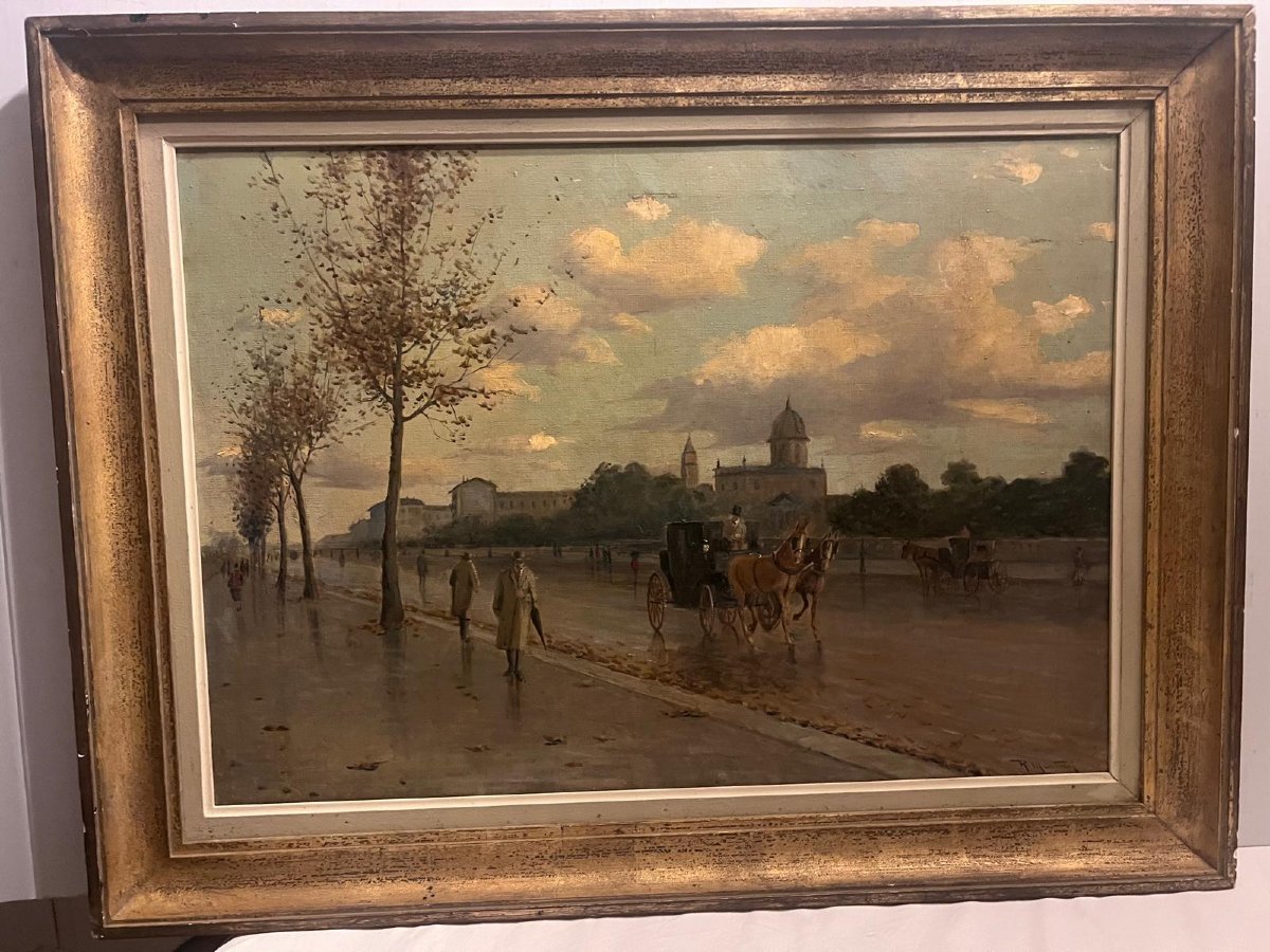 Tableau Signé R. Martini Scène d'une Avenue urbaine avec des Carosses animmé par des passants. 