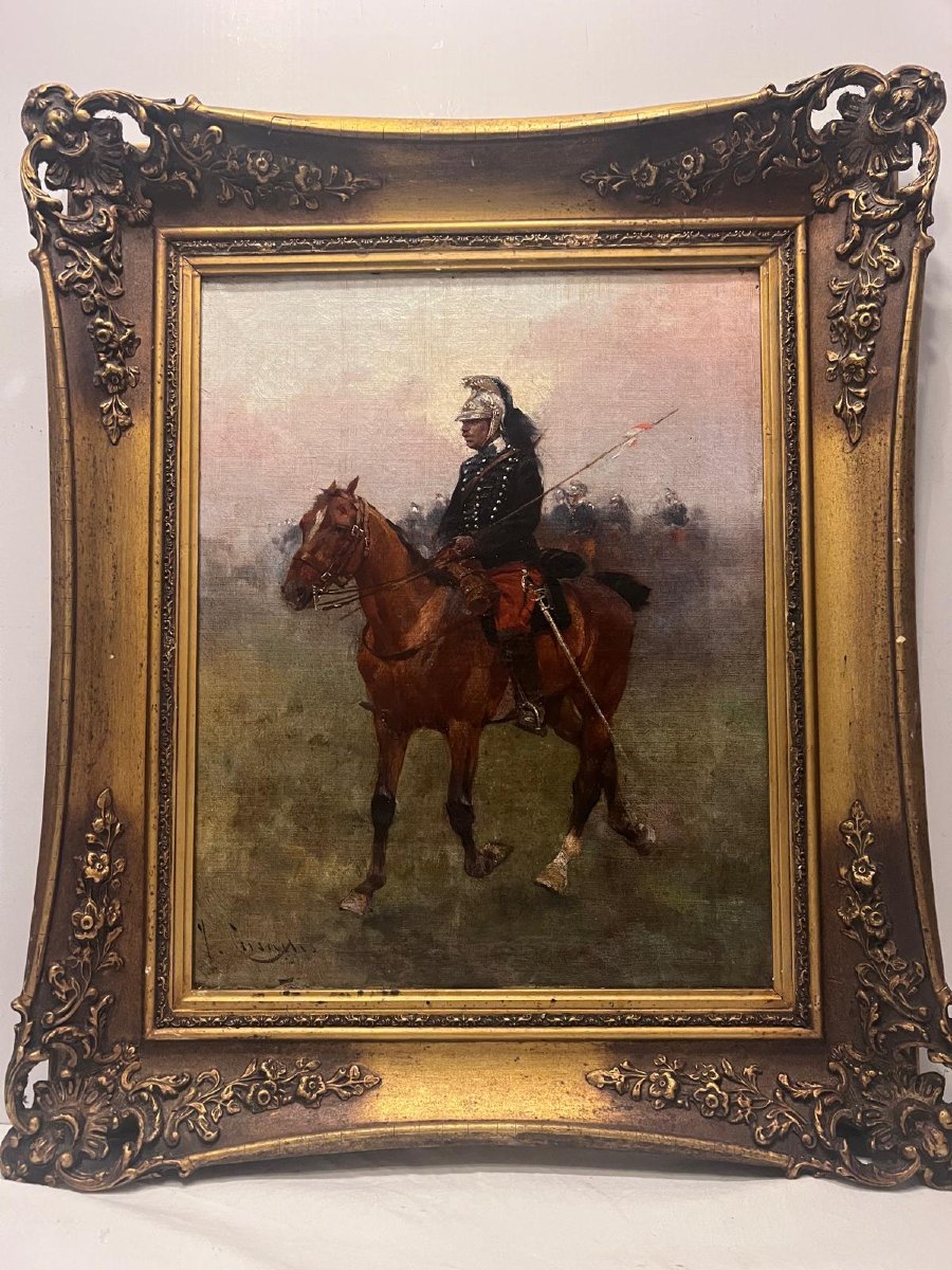 Painting: "military Horseman In Armor," Signed By Joseph Cusach (1851–1908), Oil On Canvas. 