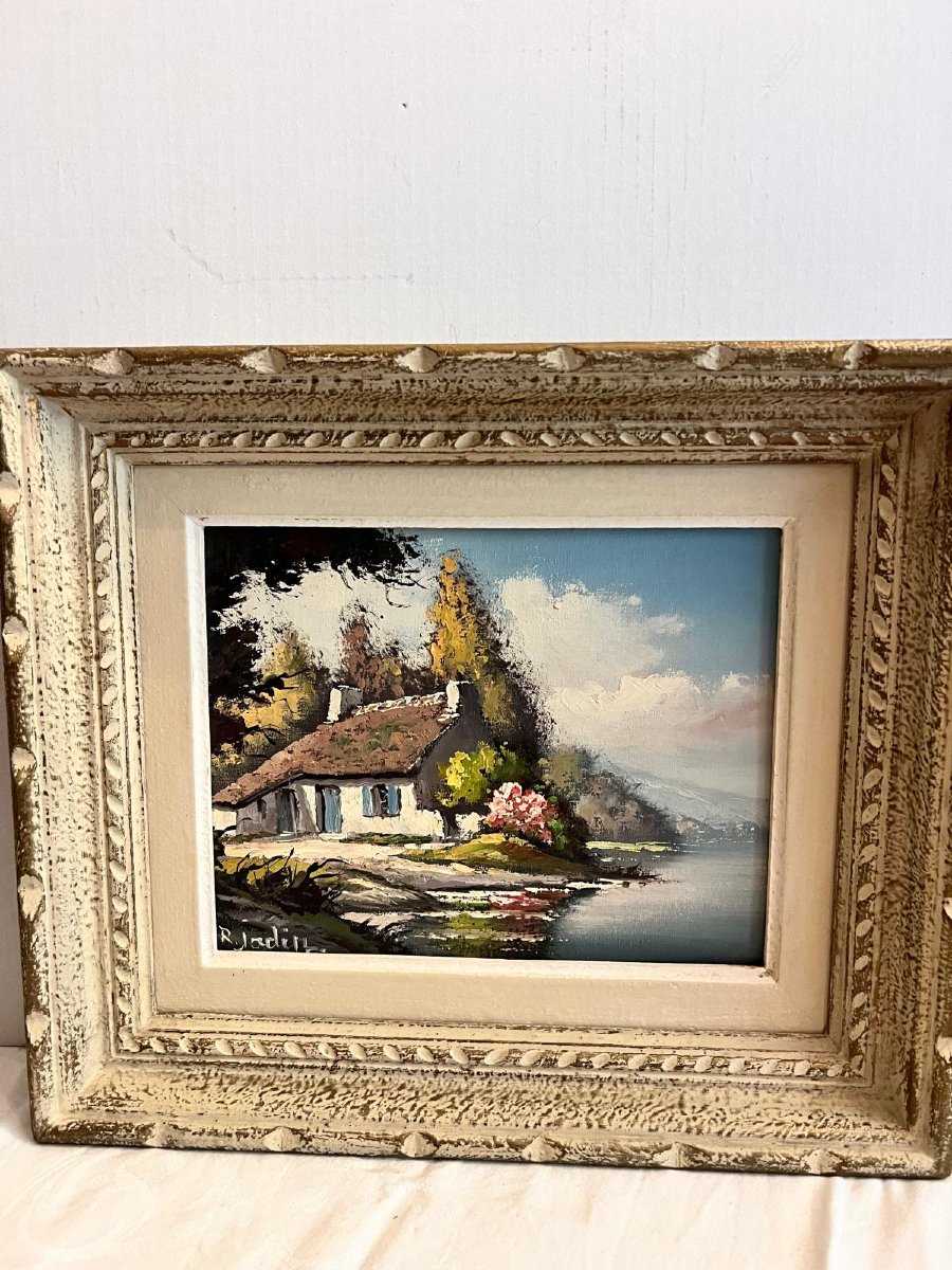 2  Tableaux Paysages Signé R. Jadin avec Cadre Bois Sculpté  Main Huile sur toile. -photo-3