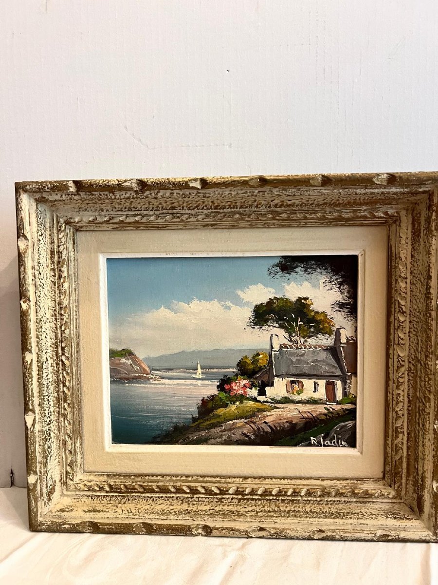 2  Tableaux Paysages Signé R. Jadin avec Cadre Bois Sculpté  Main Huile sur toile. -photo-4