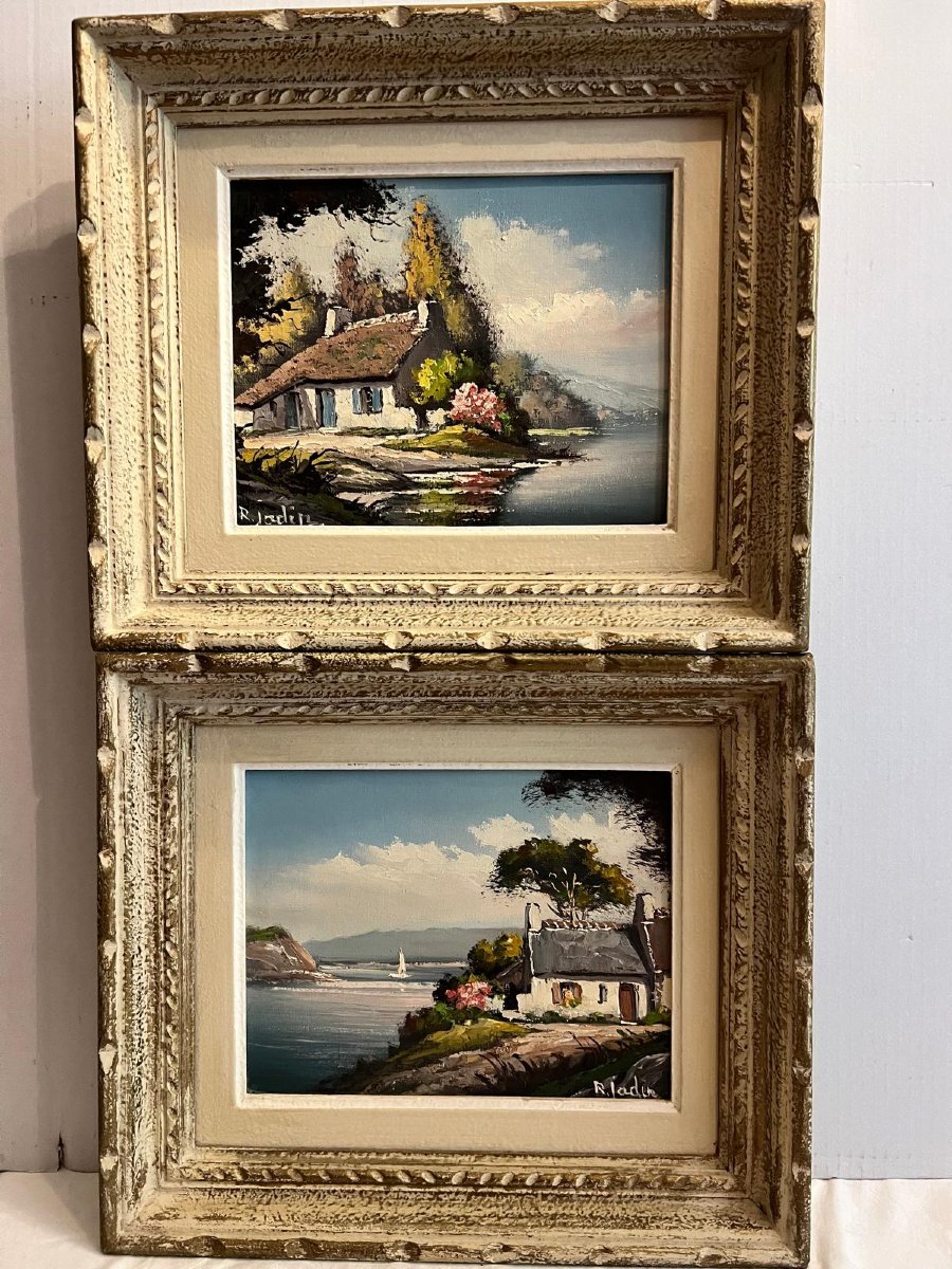 2  Tableaux Paysages Signé R. Jadin avec Cadre Bois Sculpté  Main Huile sur toile. 