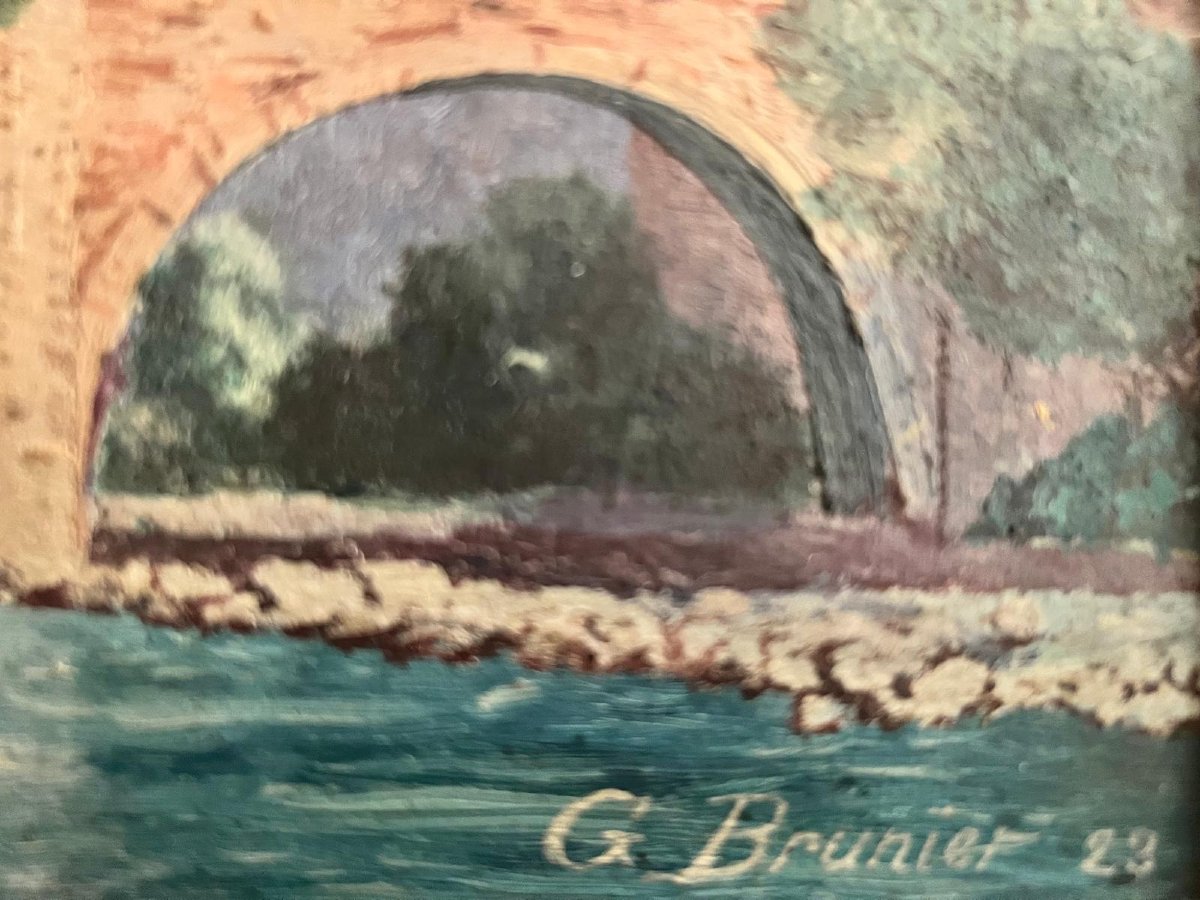 Painting: Landscape With A Bridge Crossing A River, Signed G. Brunier 23, Oil On Cardboard. -photo-3
