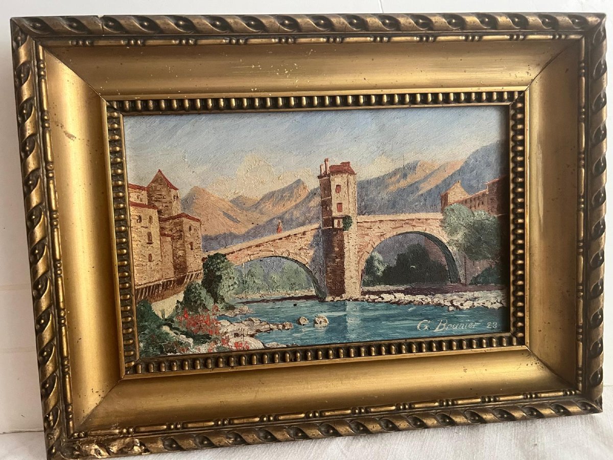 Painting: Landscape With A Bridge Crossing A River, Signed G. Brunier 23, Oil On Cardboard. -photo-4