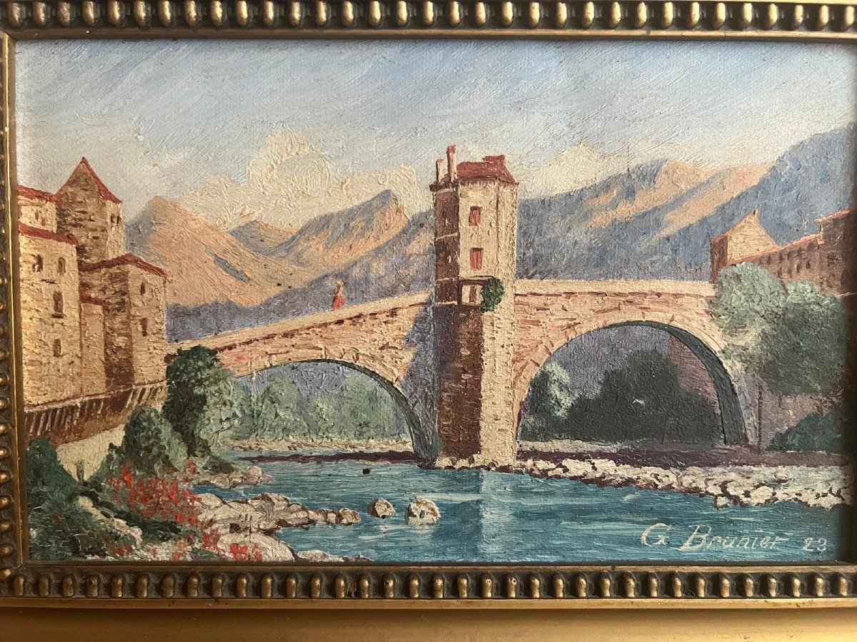 Painting: Landscape With A Bridge Crossing A River, Signed G. Brunier 23, Oil On Cardboard. 