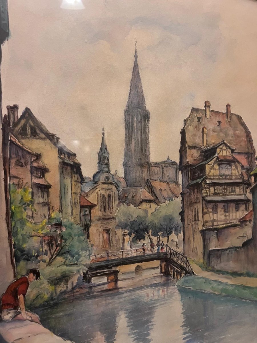 Painting: View Of Strasbourg, Signed By Armand Milan (1907–1981). Watercolor. -photo-4