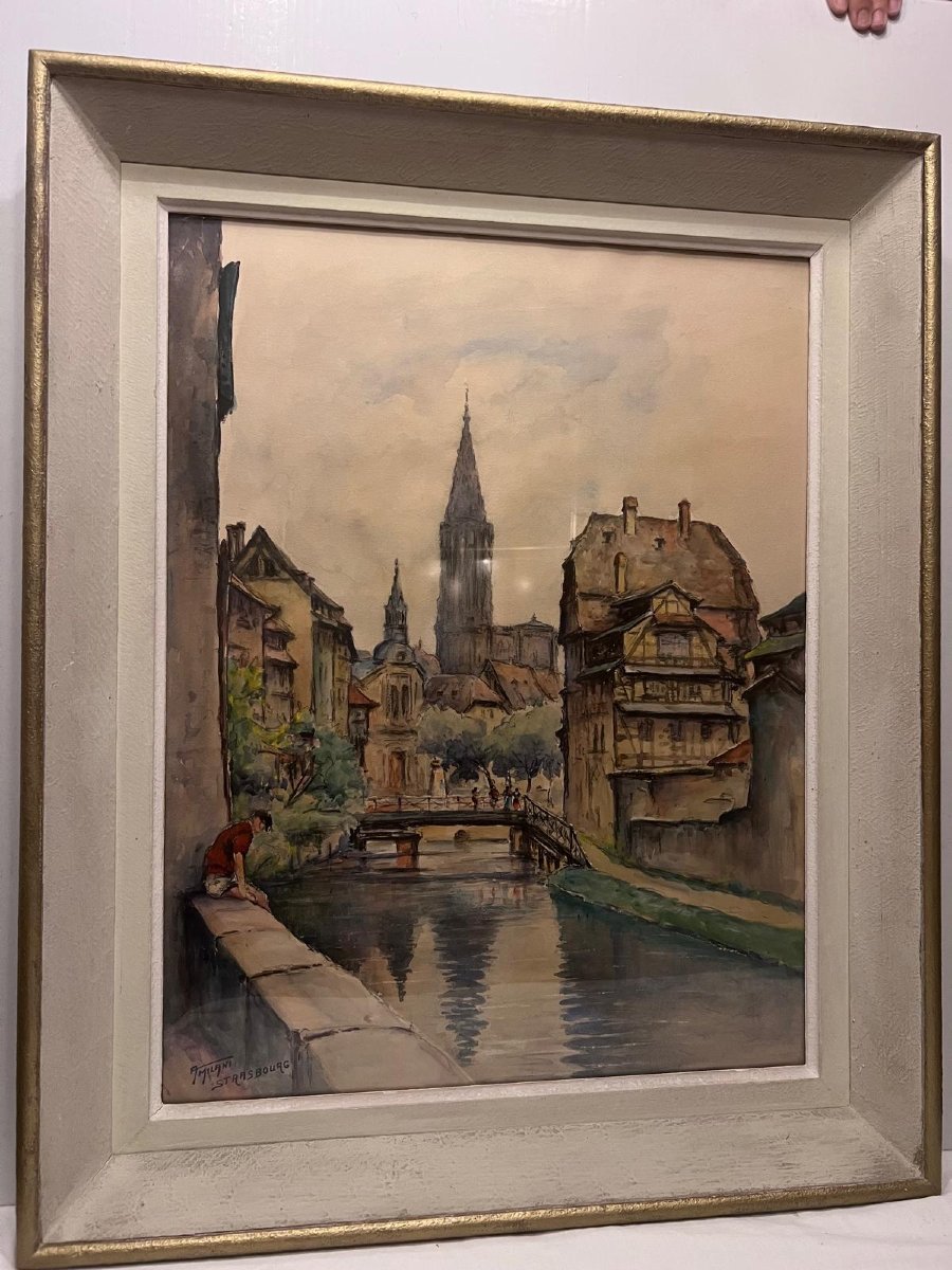 Painting: View Of Strasbourg, Signed By Armand Milan (1907–1981). Watercolor. 