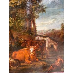 Tableau, Vaches Dans Le Prés.  XVlll ème. 