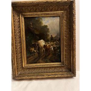 Tableau, Le Gardien Et Son Troupeau 19 ème, Huile Sur Bois. 
