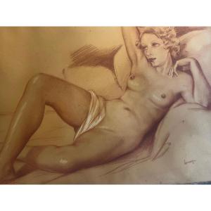 Tableau Signé Illisible Femme Nu, Sanguine Sur Papier Année 30.