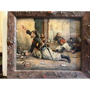 Painting Soldiers Resting, Signed Illegibly. 