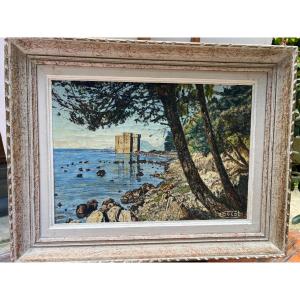 Tableau Signé Illisible, Vue Des Iles De Lerins,(saint Honorat)