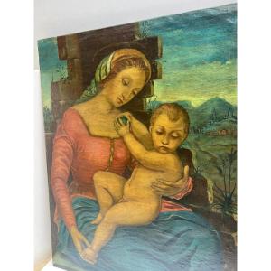 Tableau  Vierge Et Enfant, Huile Sur Toile  19ème. 