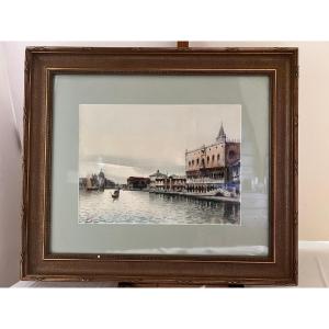 Tableau Venise Très Belle Aquarelle Signé Illisible 19ème. 