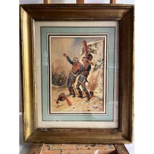 Tableau , Deux Soldats Ivres, Aquarelle Signé . 