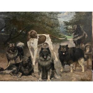 Tableau Réunion de chiens dans un Parc, Signé, Jean Mayné, 1854-1924,Huile sur toile maroufler 