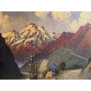 Tableau Signé Illisible, Montagnes et cactus,  Huile sur toile. 