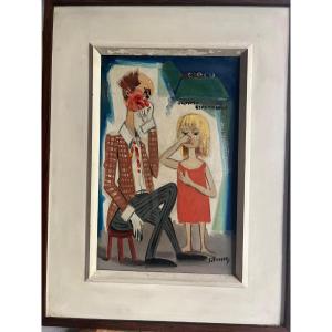 Tableau Signé Silvo Pinto, Clown et Petite fille Triste, École Brasilienne. 