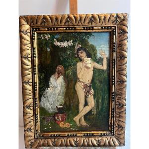 Tableau Le Petite Musicien enchantant avec jeune fille  Signé Illisible,  bas Droit 
