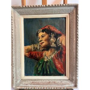 Tableau Gitane , Huile sur toile Signé Illisible. 