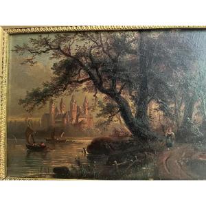 Tableau Paysage situé Speyer au Bord du Rhin Signé Georg Maria Erkert 1828-1903