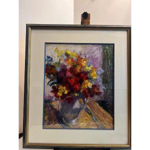 Painting Signed Suzanne Kachrline 1902-1985 Flowers In A Blue Vase Pastel 