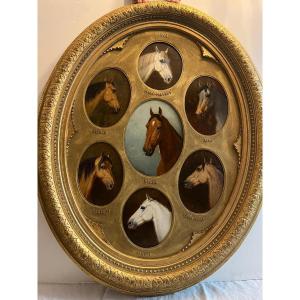Tableau Portraits de chevaux Signé bas Droit Charles Philogene Tschaggeny  1815-1894. 7Panneaux
