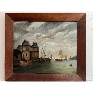Illegible Signed Painting, Maritime Landscape 19th Century. 