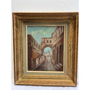 Orientalist Painting Of A Busy Street, Oil On Wood. 
