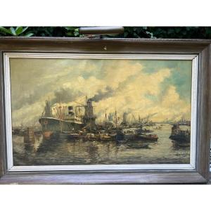 Painting Of A Port With Various Boats Signed Illegibly. 