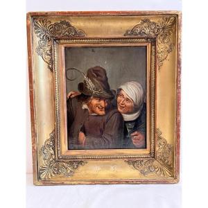 Dutch School Painting From The 19th Century, Scene Of Rejoicing, Wax Seal In A Pretty Antique Frame