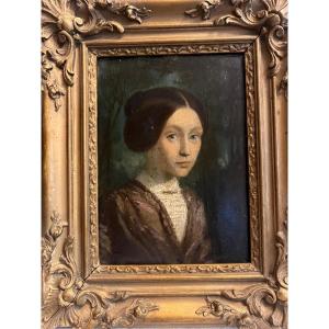 Tableau  Portrait de jeune  fille 19ème  Huile sur bois. 