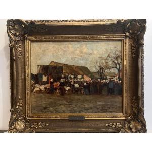 Breton Painting Women At The Fabric Market, Signed Luiz Christophe, Oil On Canvas 