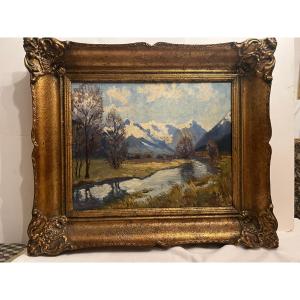 Tableau Paysage des Alpes Signé Illisible , Huile sur toile. 