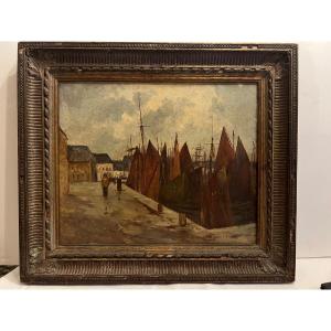 Tableau Voilier et Paysage à quai Signé Illisible  BD.