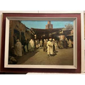 Tableau Orientaliste Signé Kossak...  Tunis The Souk des Armes,  Huile sur toile. 