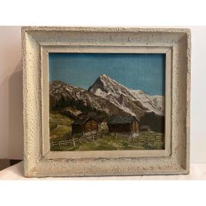 Tableau Paysage des Alpes Signé  C. Strobel, vers  1910.