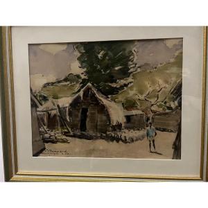 Tableau Paysage  de  Martinique Signé, Pierre Bompard 02-1956 ,aquarelle sur papier. 