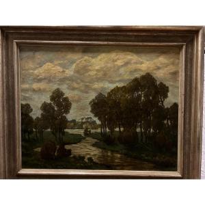 Tableau  Paysage avec Rivière, Signé  Dill Malburg Johanna 1859-1944 Décède en camps Nazi.