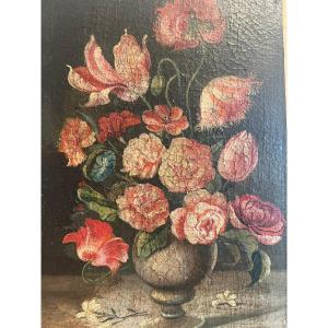 Painting Vase Of Flowers, Oil On Canvas 19th Century, Cracked. 